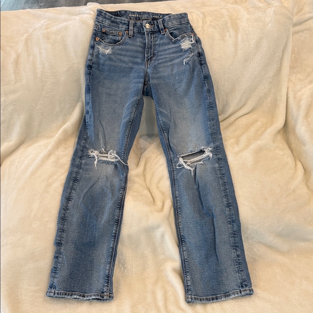 American Eagle Outfitters Distressed Straight Leg Jeans - Blue